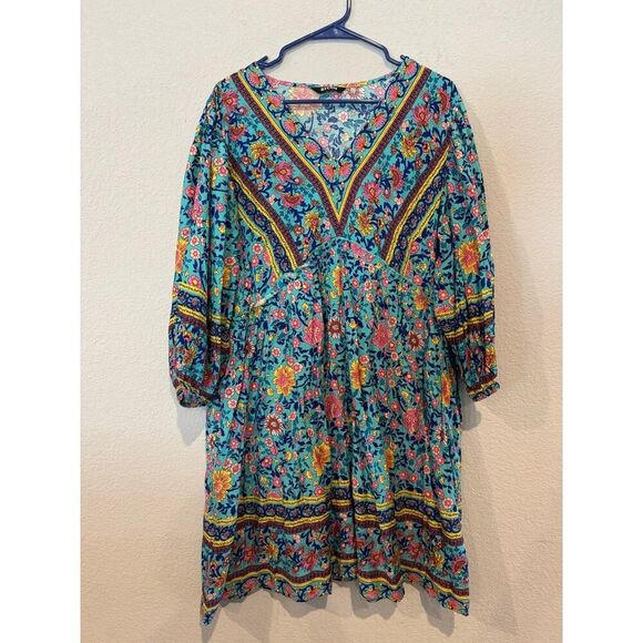 BTFBM Womens Bohemian V-Neck 3/4 Sleeve Mini Dress Green Floral Size S NWOT - Picture 1 of 8